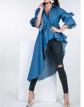 Load image into Gallery viewer, Hi Lo Asymmetric Hem Long Sleeve Top-Denim