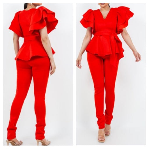 Two Piece Peplum Pants Set-Red