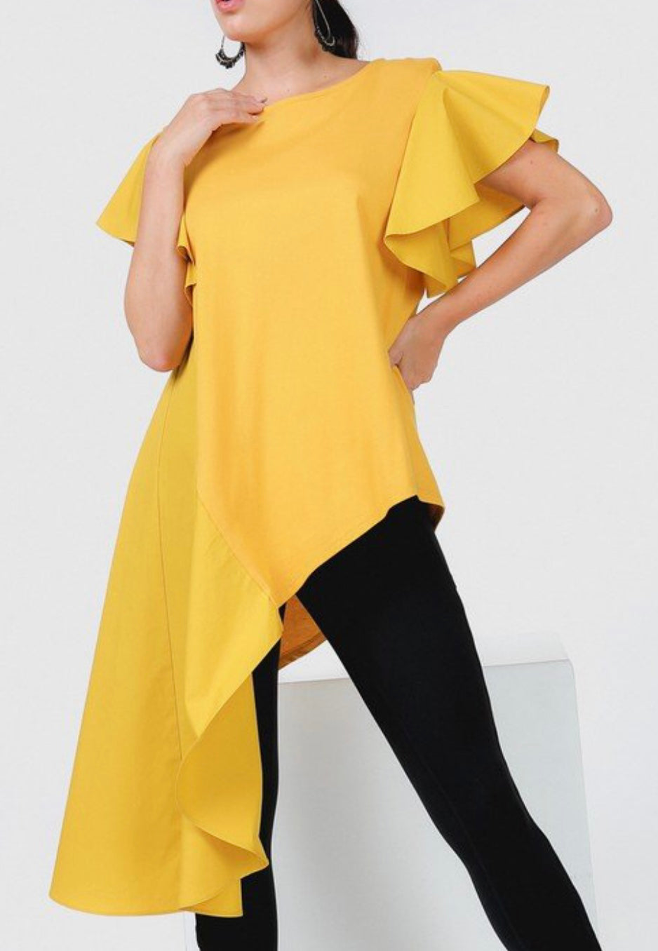 Flutter Sleeve Asymmetric hem Top-Mustard