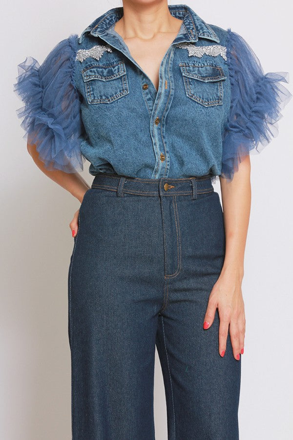 Tulle Sleeve Embellished Denim Top