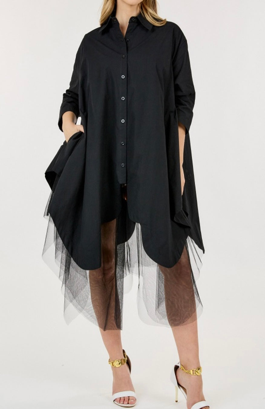 Dramatic Tulle Hem Shirt Dress